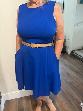 Eliza J Royal Blue Sleeveless Fit-and-Flare Dress with Tan Belt